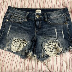 Denim Distressed Shorts with Lace Accents
